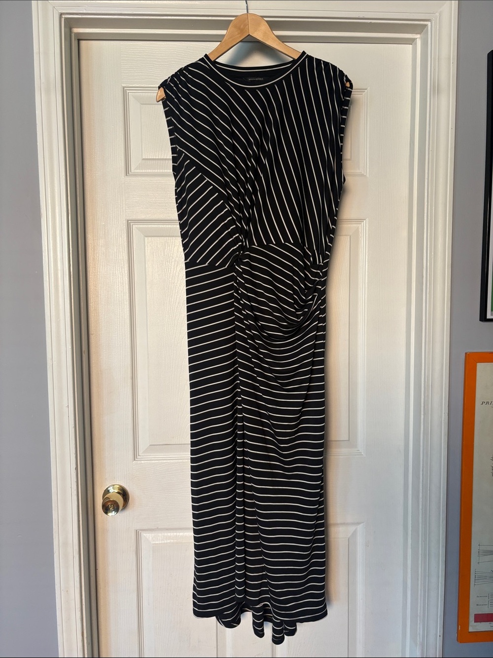 Banana Republic Black and White Striped Shirred Midi - Size Med Tall